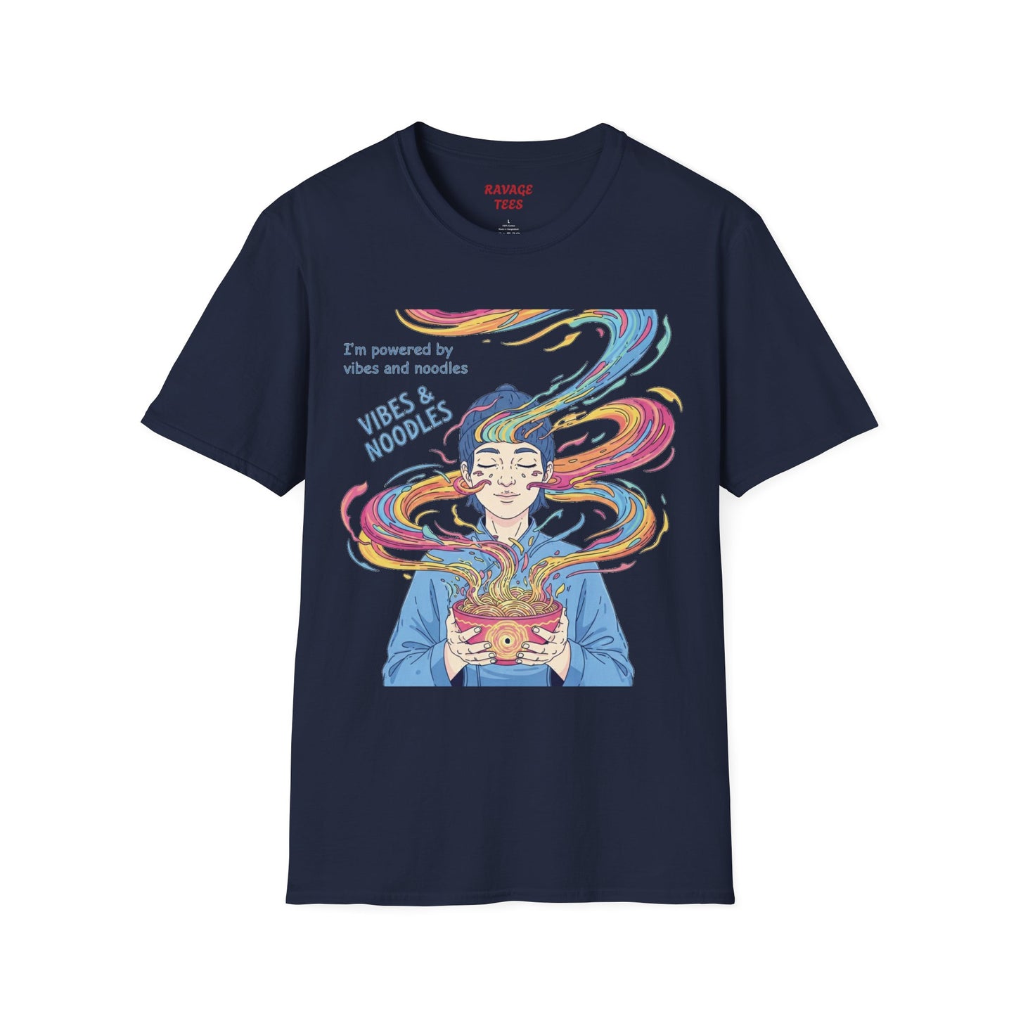 Vibes and Noodles Graphic Tee – Unisex Softstyle T-Shirt, Fun Quirky Apparel, Gift for Food Lovers, Casual Everyday Wear