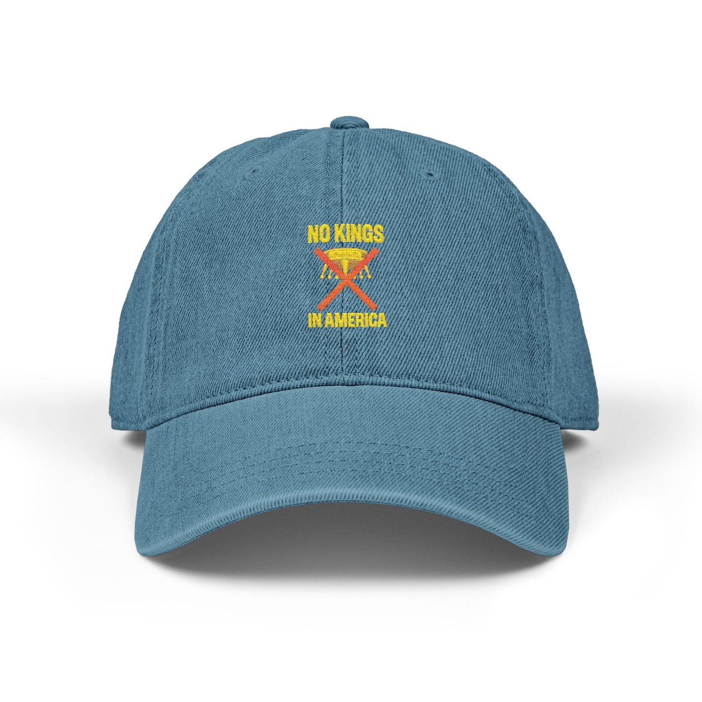 NO KINGS IN AMERICA Embroidered Denim Hat – Bold Statement Cap for Casual Style, Trendy Unisex Headwear, Fashion Accessory & Outdoor Gift Idea