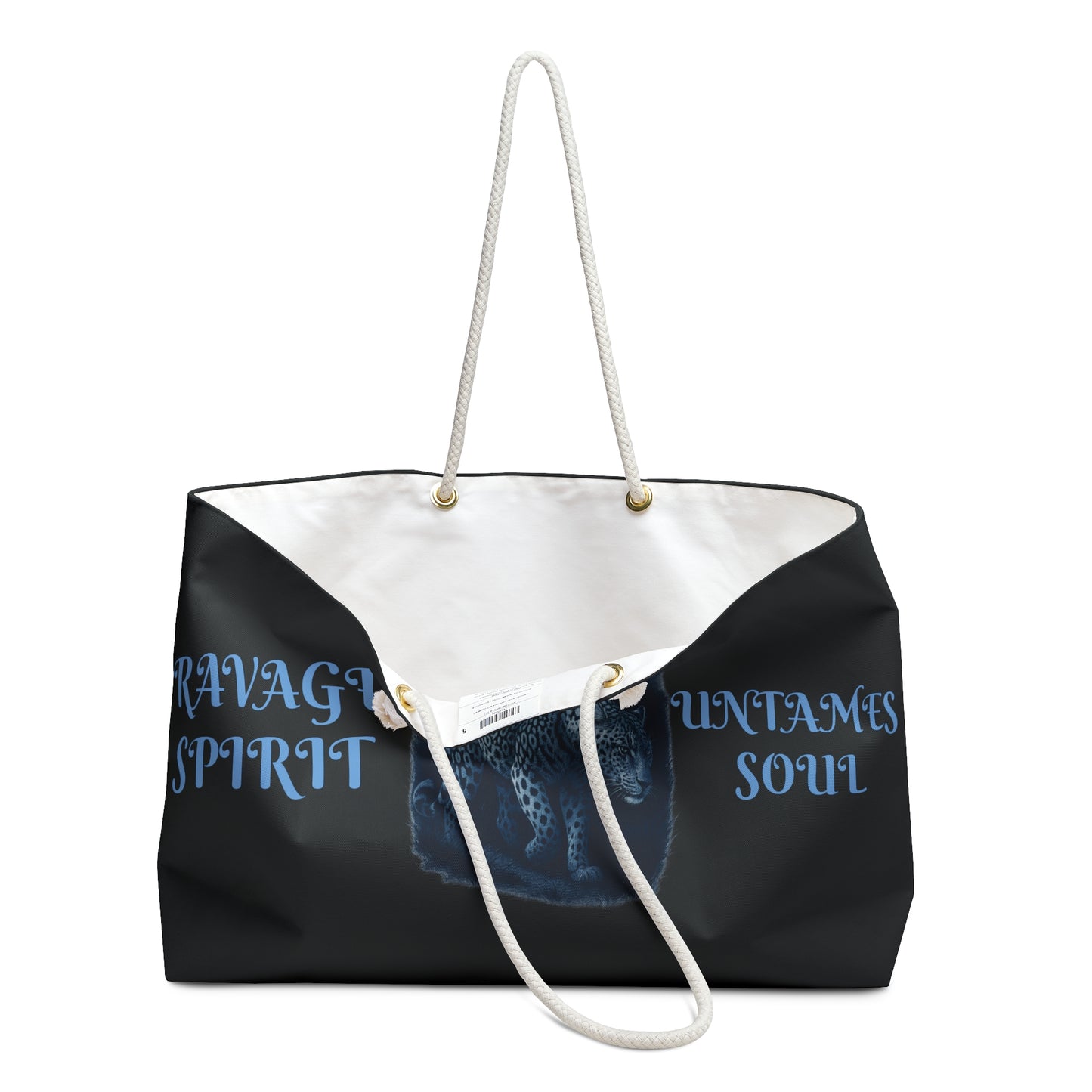 RAVAGE SPIRIT UNTAMED SOULD- Weekender Bag, Travel Tote, Animal Print Carryall, Stylish Gym Bag, Overnight Bag, Blue Leopard Design