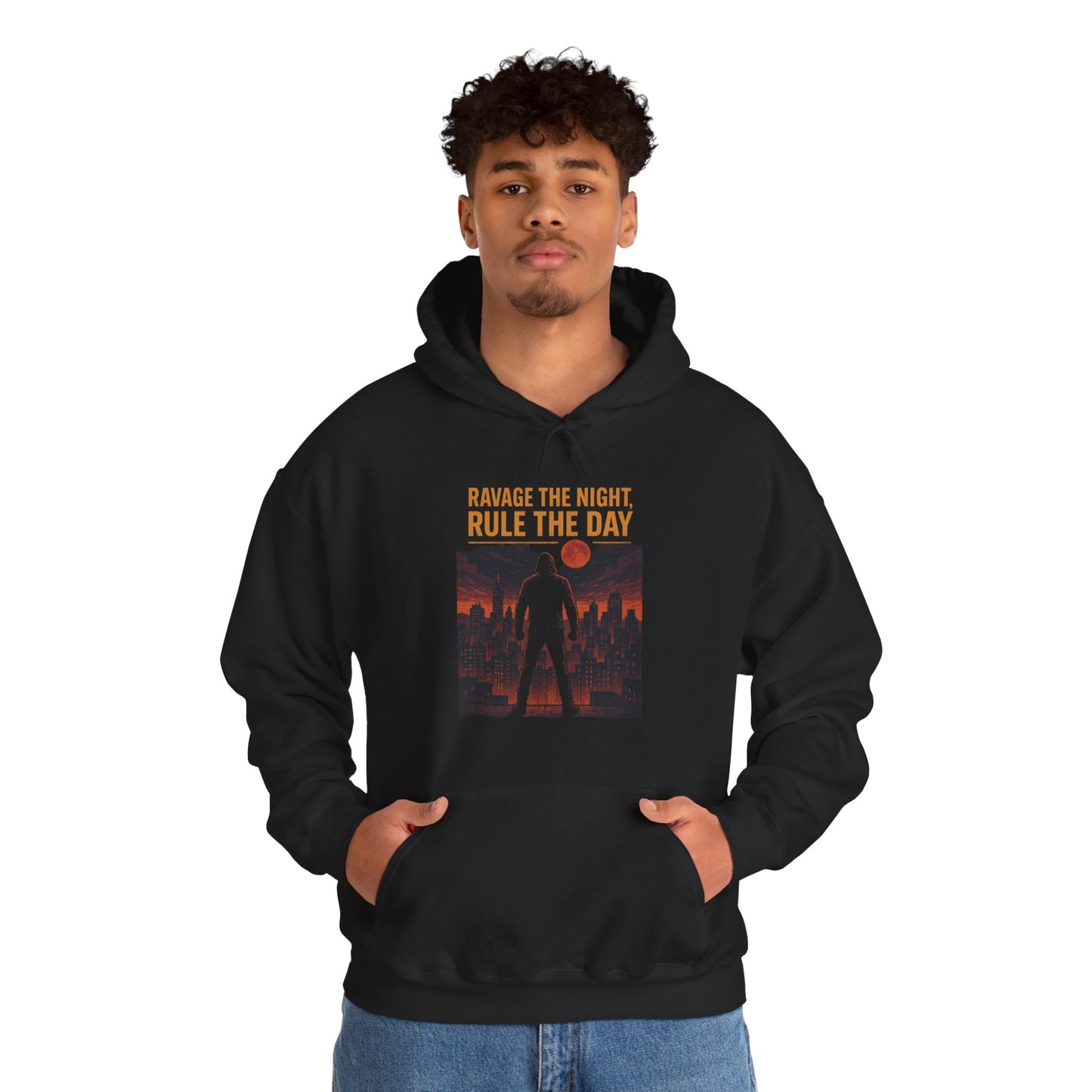 RAVAGE THE NIGHT RULE THE DAY Hoodie – Urban Adventure Graphic Sweatshirt, Cool Unisex Streetwear, Casual Wear, Unique Gifthion