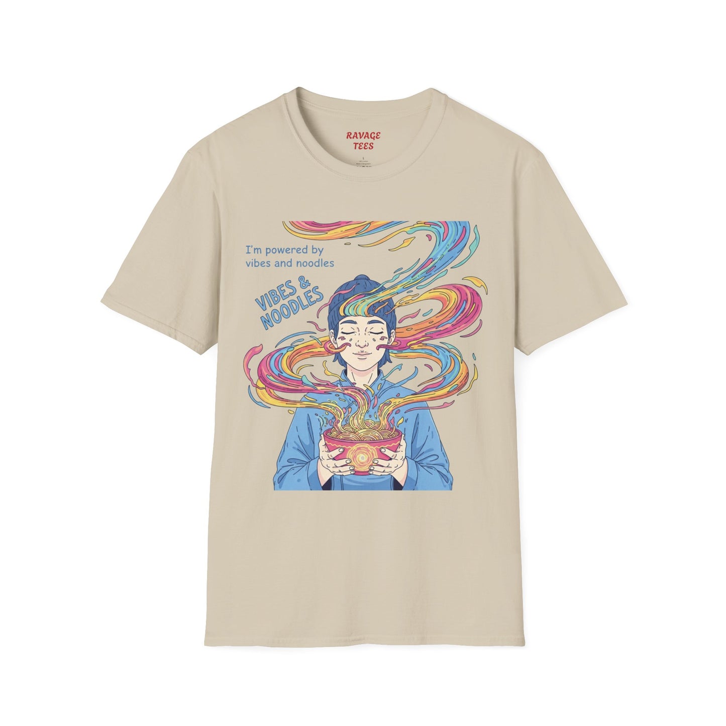 Vibes and Noodles Graphic Tee – Unisex Softstyle T-Shirt, Fun Quirky Apparel, Gift for Food Lovers, Casual Everyday Wear
