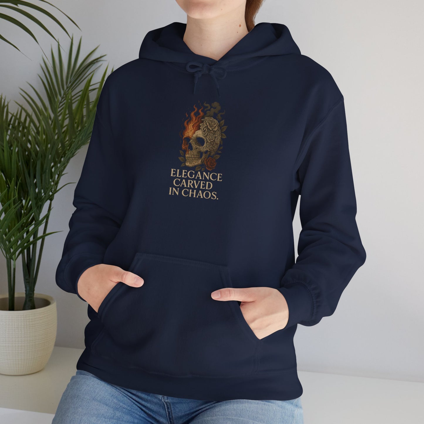 ELEGEANCE CARVED IN CHAOS Graphic Hoodie – Unisex Pullover Sweatshirt for Nature Lovers | Cozy Streetwear for Spring, Casual Wear & Eco-Friendly Gifts