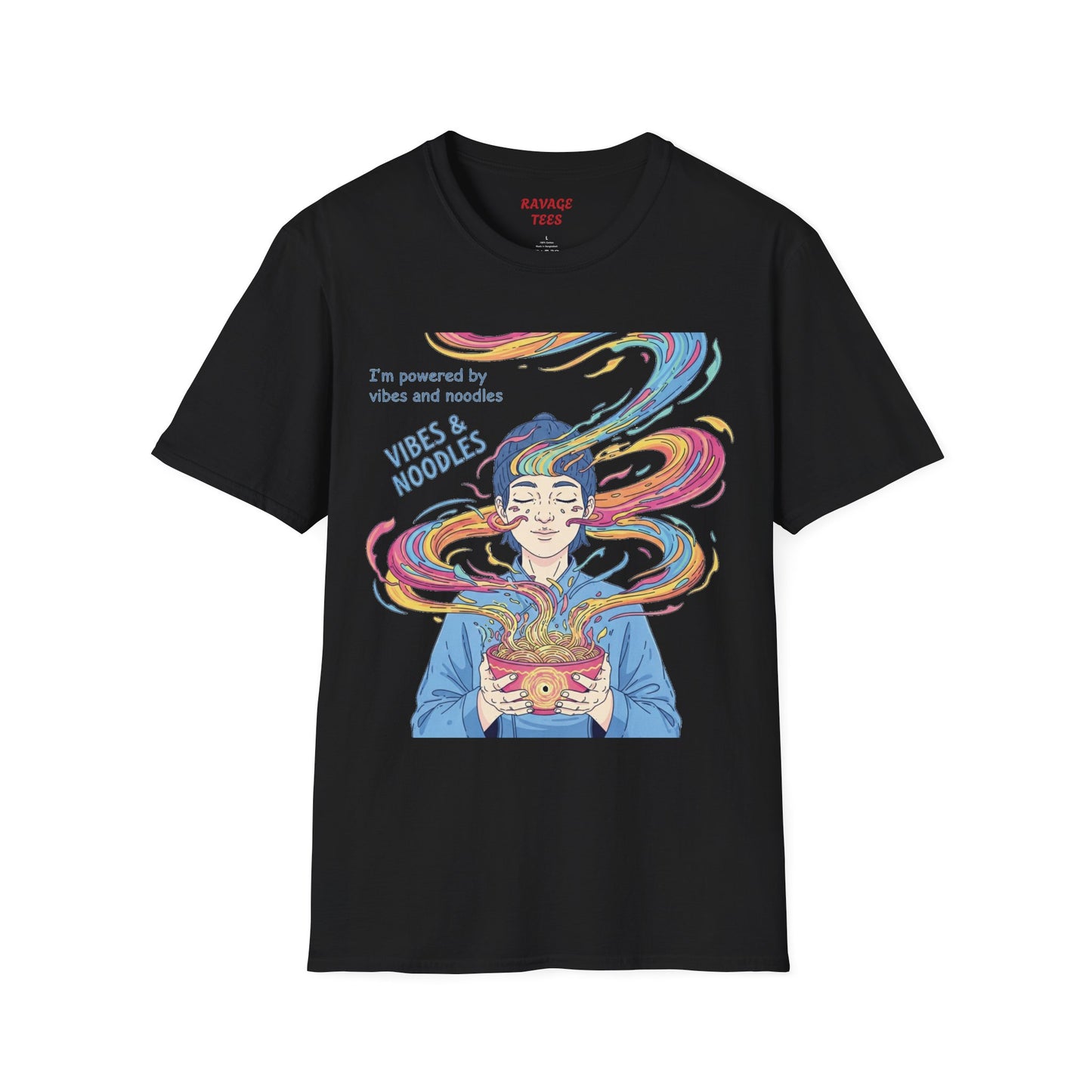 Vibes and Noodles Graphic Tee – Unisex Softstyle T-Shirt, Fun Quirky Apparel, Gift for Food Lovers, Casual Everyday Wear