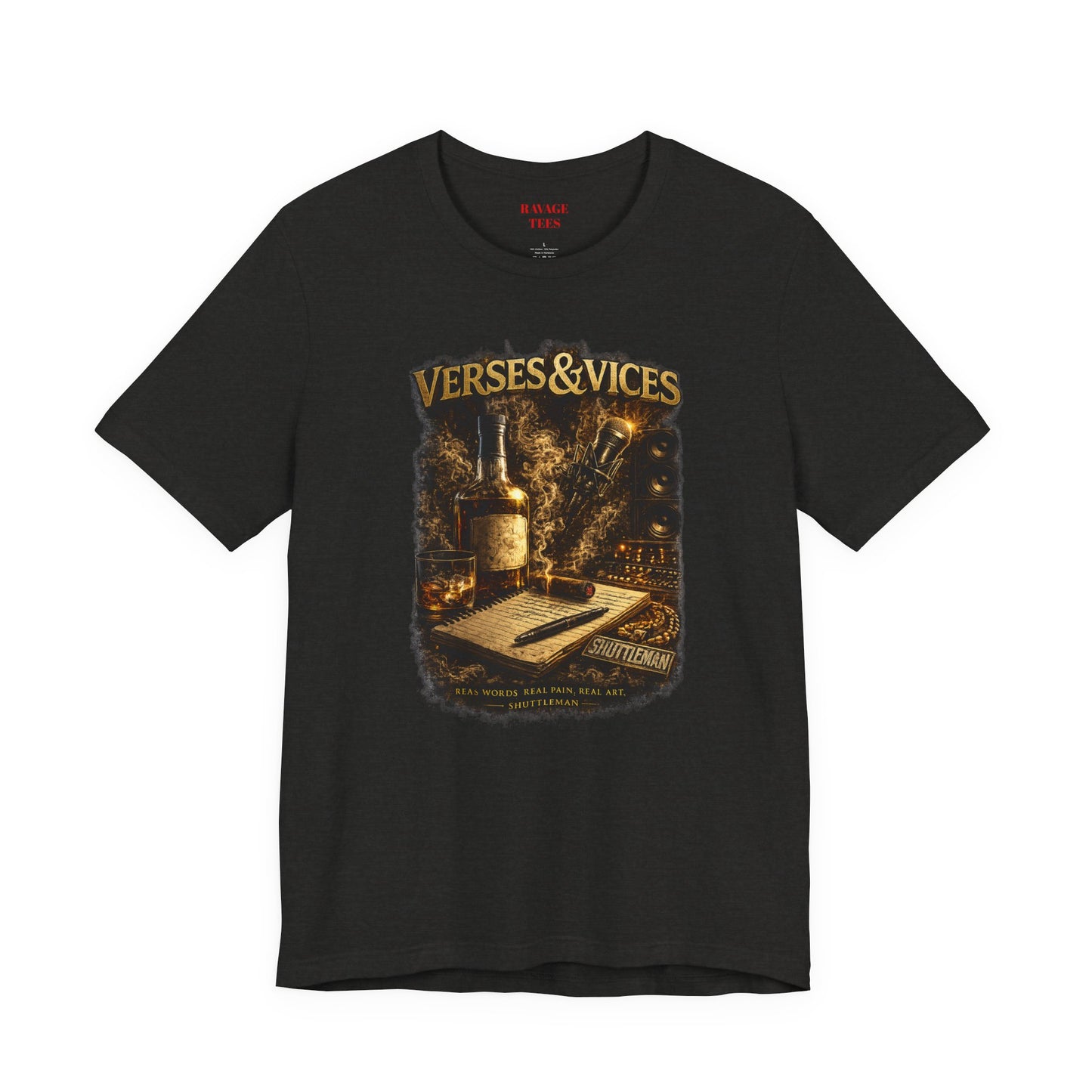 Verses & Vices Tee — Vintage Whiskey & Notebook Graphic T-Shirt