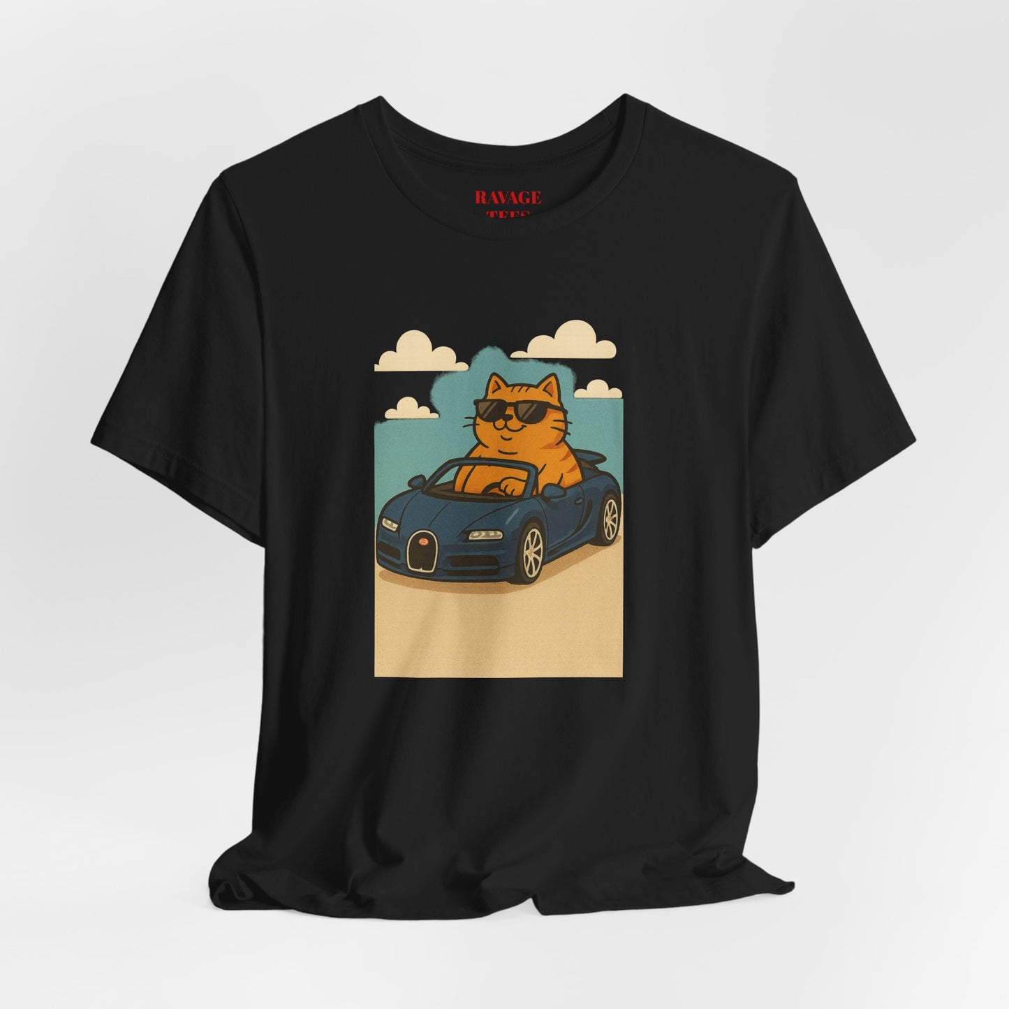 Cat Driving Sports Car Tee — Retro Graphic Cat Race Shirt