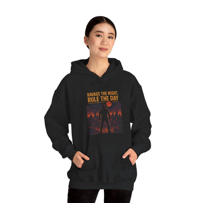 RAVAGE THE NIGHT RULE THE DAY Hoodie – Urban Adventure Graphic Sweatshirt, Cool Unisex Streetwear, Casual Wear, Unique Gifthion