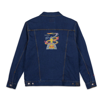 VIBES AND NOODLES Unisex Denim Jacket – Colorful Embroidery, Trendy Streetwear, Casual Fashion Essential, Gift for Style Lovers