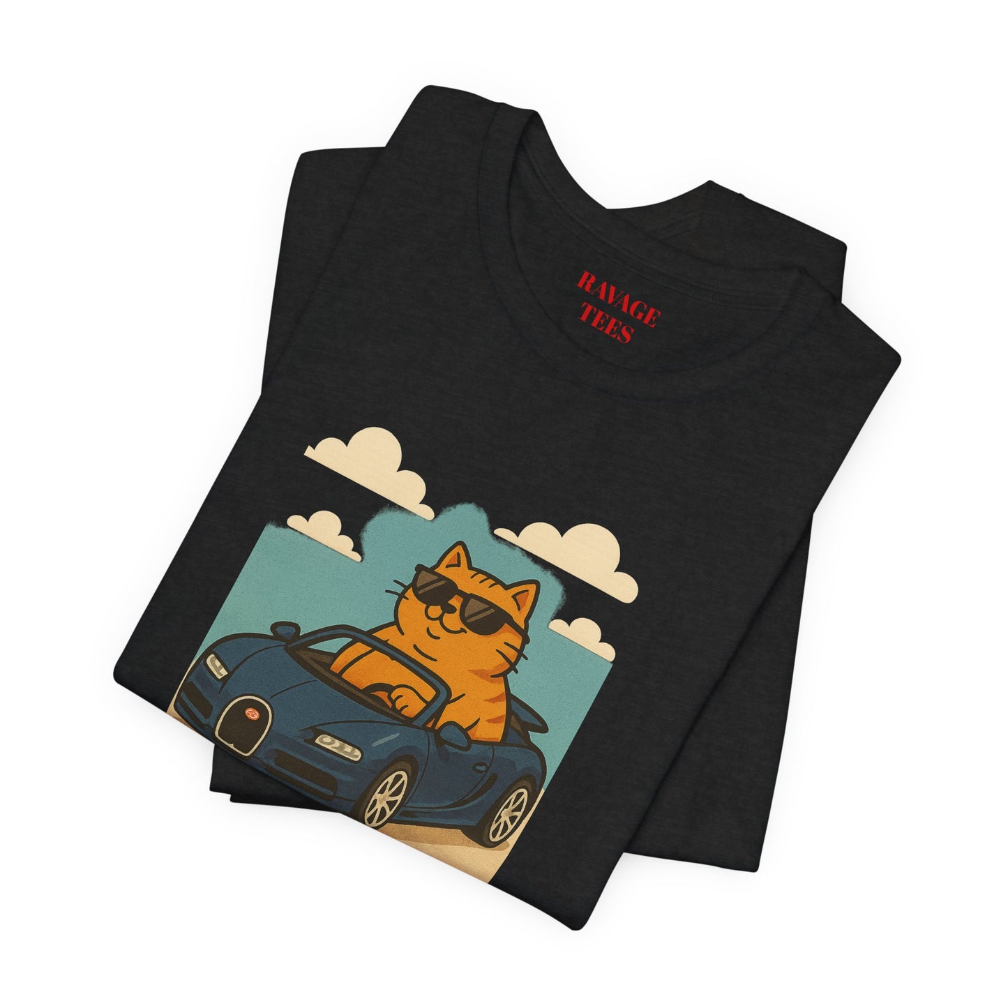 Cat Driving Sports Car Tee — Retro Graphic Cat Race Shirt