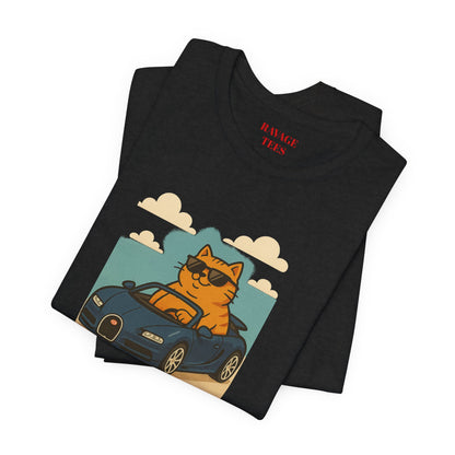 Cat Driving Sports Car Tee — Retro Graphic Cat Race Shirt