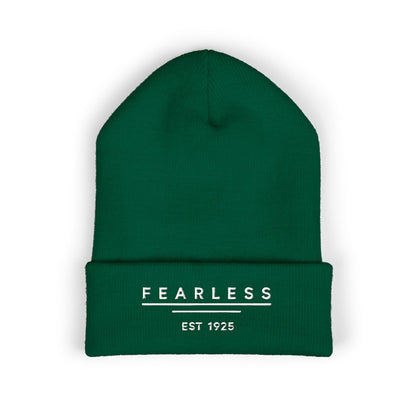 Fearless Embroidered Cuffed Beanie — Bold Black Knit Hat
