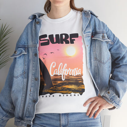 California Surf Unisex Heavy Cotton Tee, Summer Vibes T-Shirt, Beach Life Shirt, Surfing Gift, Vacation Wear, Casual Apparel