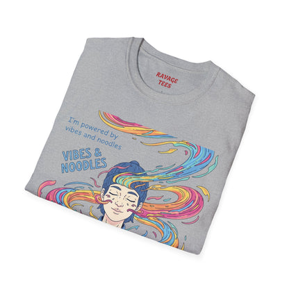 Vibes and Noodles Graphic Tee – Unisex Softstyle T-Shirt, Fun Quirky Apparel, Gift for Food Lovers, Casual Everyday Wear