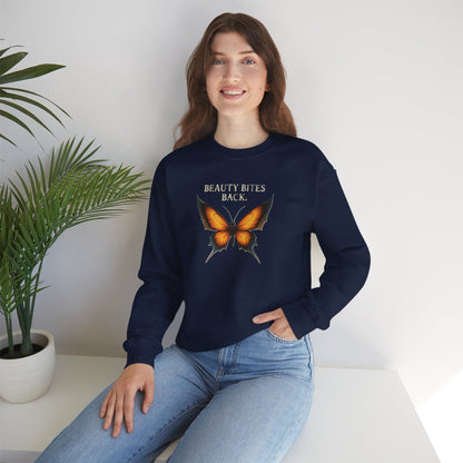 “Beauty Bites Back” Unisex Crewneck Sweatshirt – Heavy Blend Pullover for Casual Wear | Cozy Streetwear Gift for Her, Feminist Fashion Statement