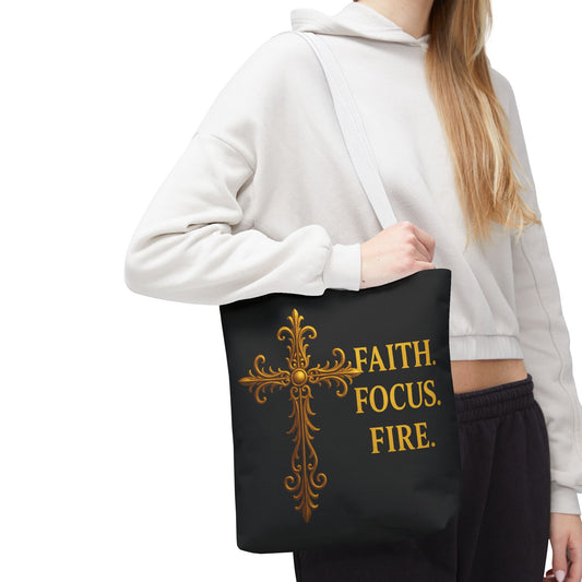 "Faith Focus Fire" Tote Bag: Golden Cross Christian Gift