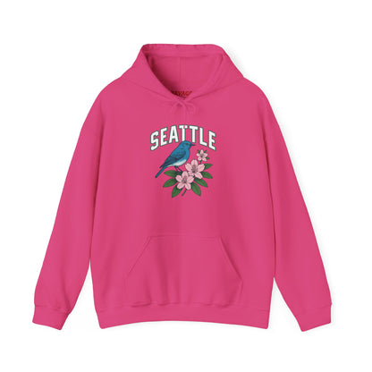 Seattle Bird & Floral Unisex Hoodie, Cozy Sweatshirt, Gift for Nature Lovers, Casual Wear, Travel Souvenir, Relaxed Style
