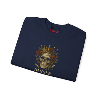 DANGER WEARS A CROWN OF ROSES Unisex Crewneck Sweatshirt – Heavy Blend Pullover for Casual Wear | Cozy Streetwear Gift for Her, Feminist Fashion Statement