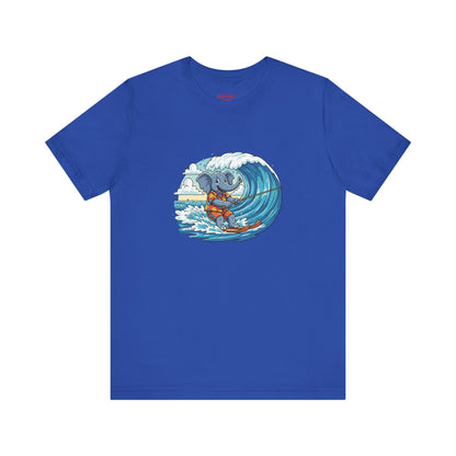 Surfing Elephant Unisex Tee, Beachwear, Cute Animal Shirt, Summer Vibe Tee, Gift for Nature Lovers, Casual Everyday Wear