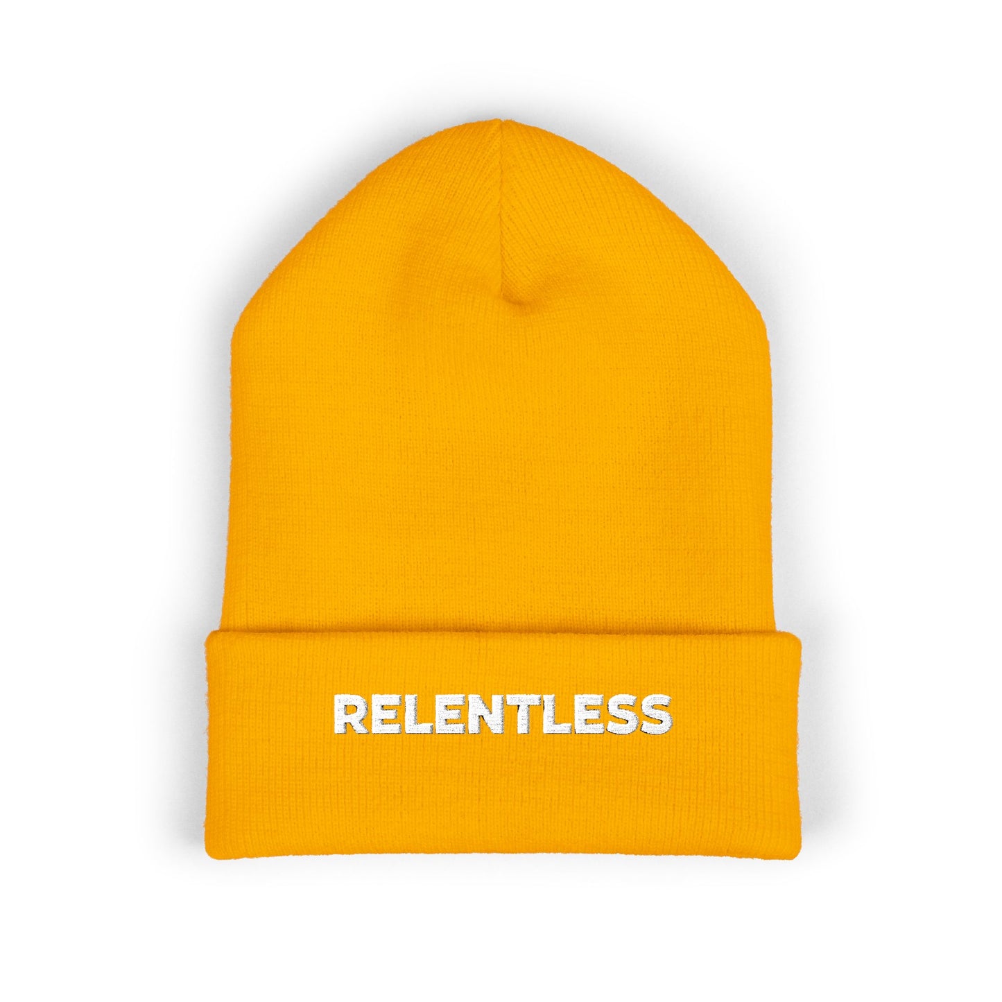 Relentless Embroidered Cuffed Beanie — Bold Motivational Knit Hat