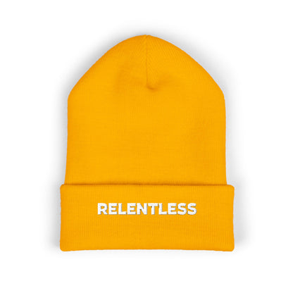 Relentless Embroidered Cuffed Beanie — Bold Motivational Knit Hat