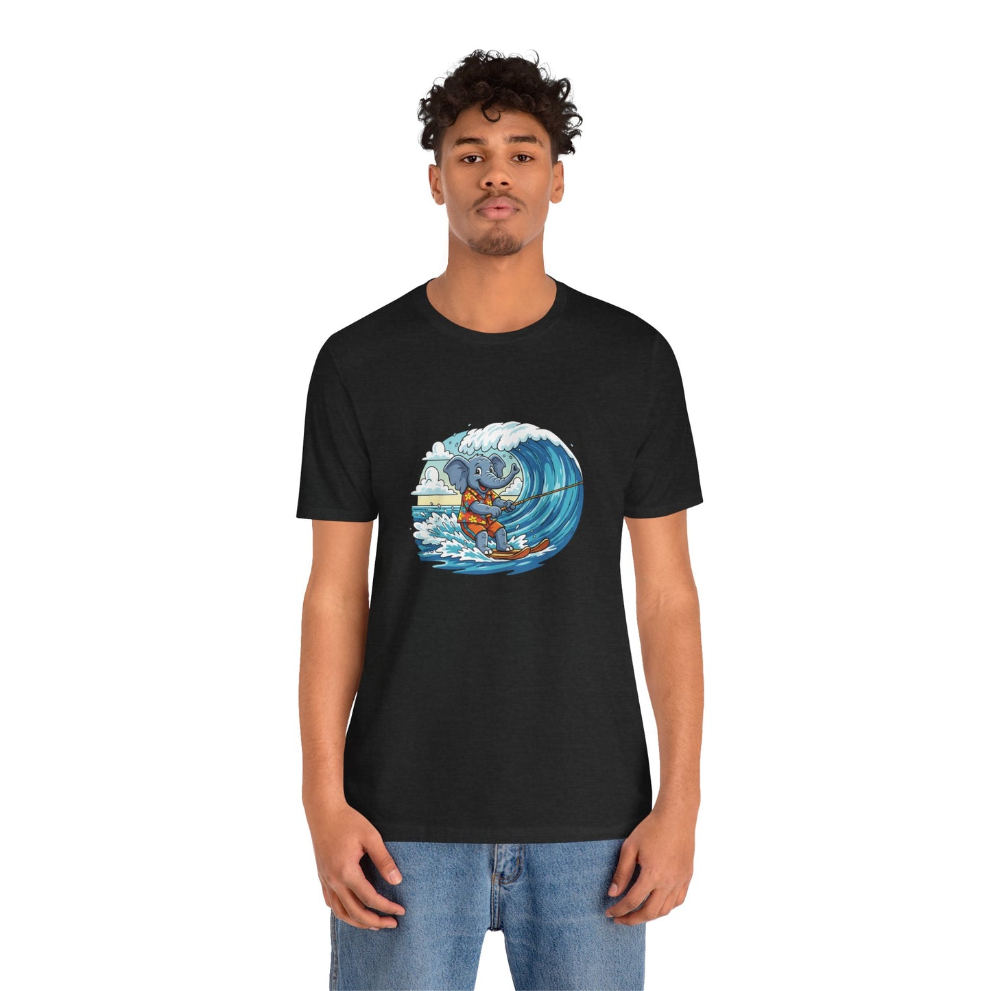 Surfing Elephant Unisex Tee, Beachwear, Cute Animal Shirt, Summer Vibe Tee, Gift for Nature Lovers, Casual Everyday Wear