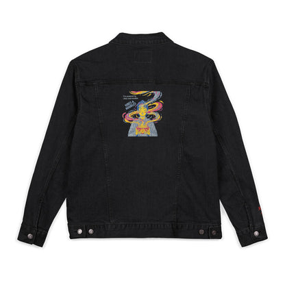 VIBES AND NOODLES Unisex Denim Jacket – Colorful Embroidery, Trendy Streetwear, Casual Fashion Essential, Gift for Style Lovers