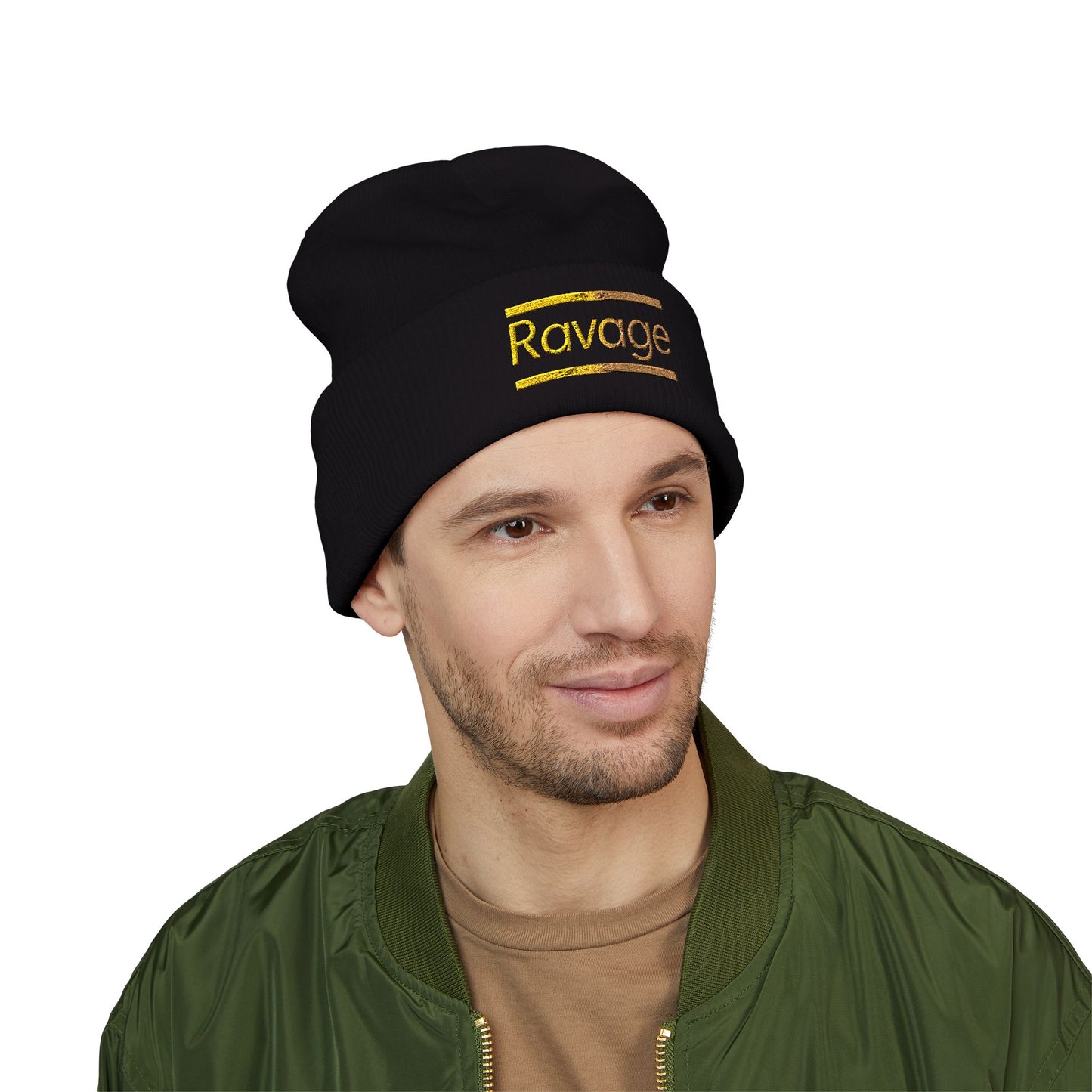 Ravage Embroidered Cuffed Beanie | Gold Logo Knit Hat