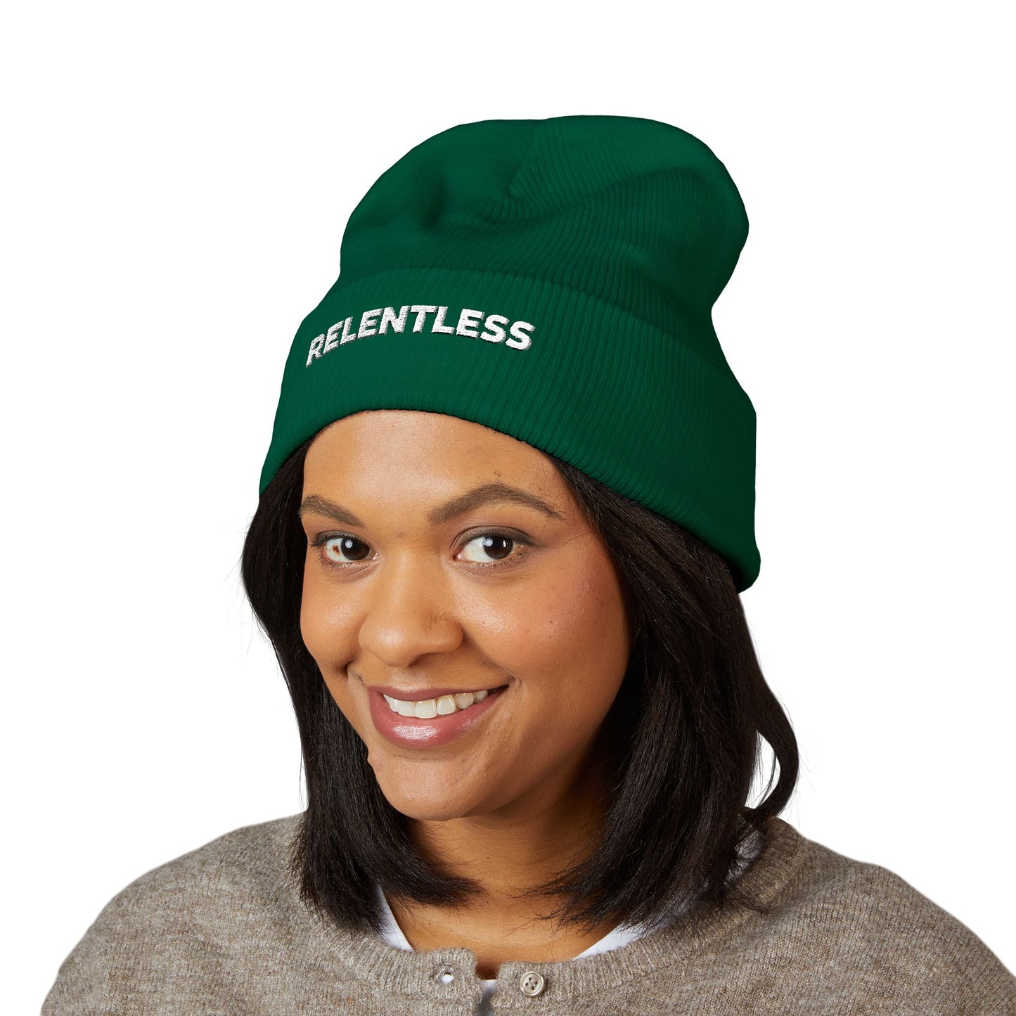 Relentless Embroidered Cuffed Beanie — Bold Motivational Knit Hat
