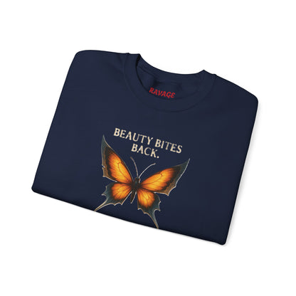 “Beauty Bites Back” Unisex Crewneck Sweatshirt – Heavy Blend Pullover for Casual Wear | Cozy Streetwear Gift for Her, Feminist Fashion Statement