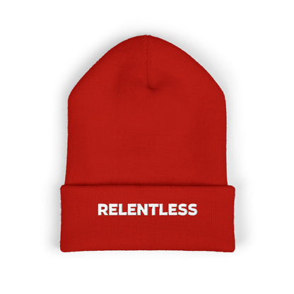 Relentless Embroidered Cuffed Beanie — Bold Motivational Knit Hat