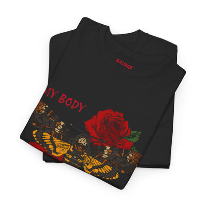 Your Body Your Choice Unisex Heavy Cotton Tee with Butterfly & Rose Design, Empowering Statement Tee