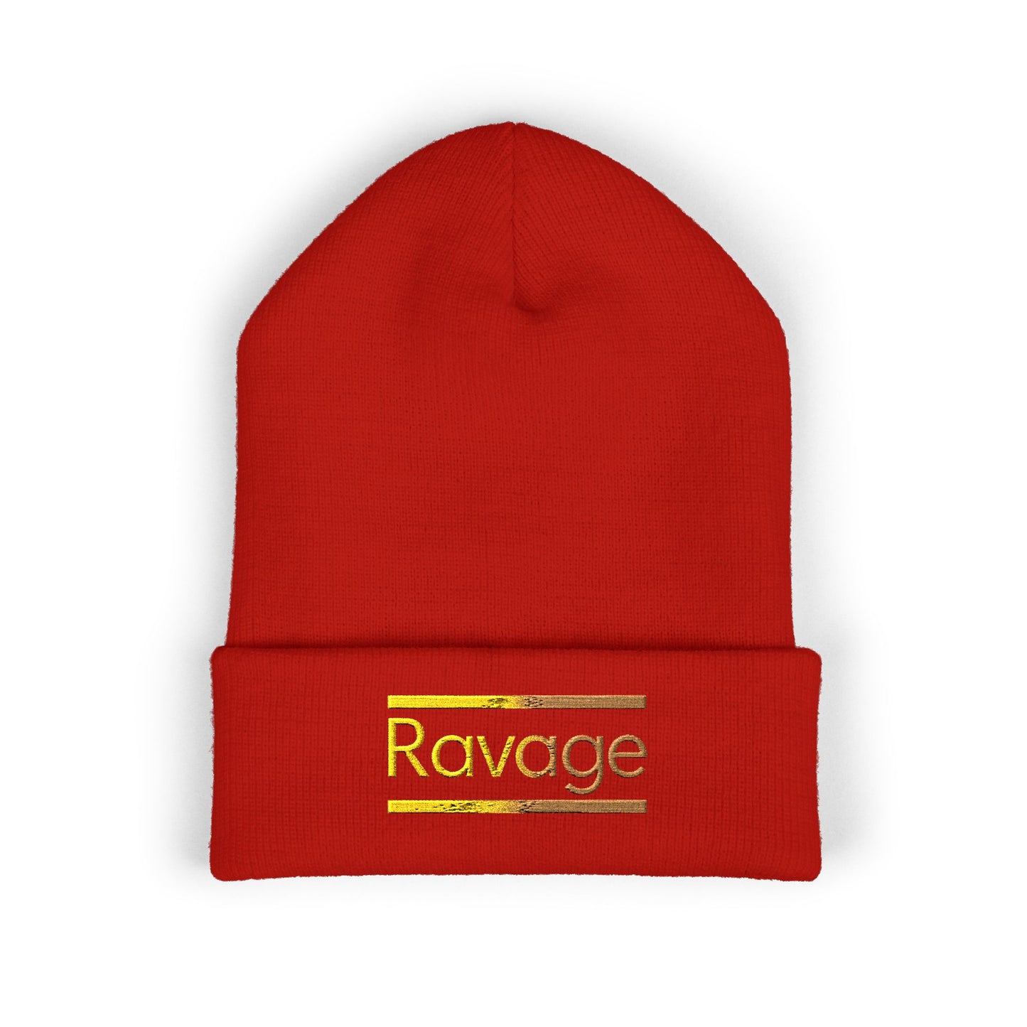 Ravage Embroidered Cuffed Beanie | Gold Logo Knit Hat