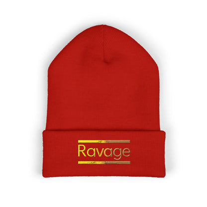 Ravage Embroidered Cuffed Beanie | Gold Logo Knit Hat