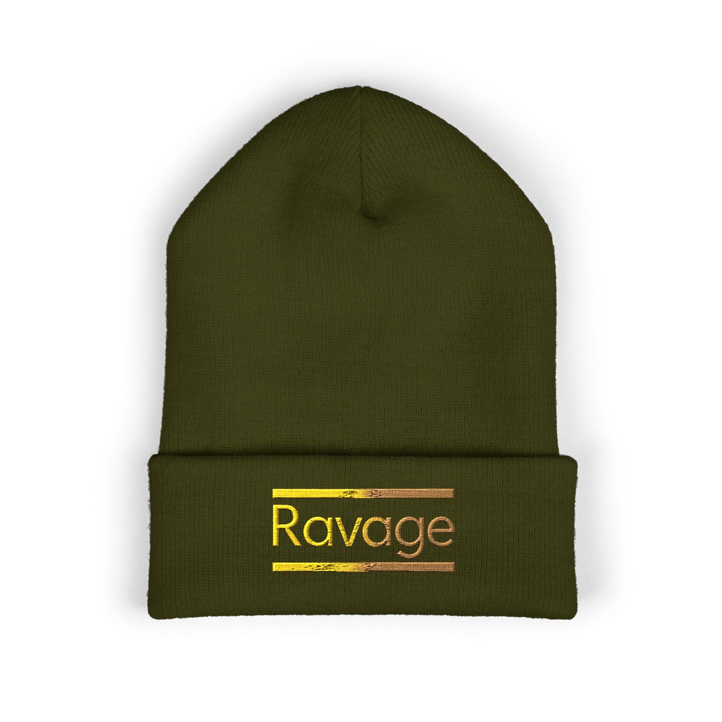 Ravage Embroidered Cuffed Beanie | Gold Logo Knit Hat