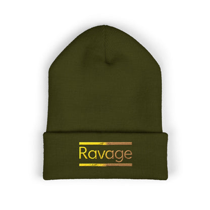 Ravage Embroidered Cuffed Beanie | Gold Logo Knit Hat
