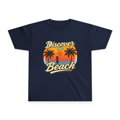 Discover the Beach Youth T-Shirt — Retro Sunset Palm Kids Tee