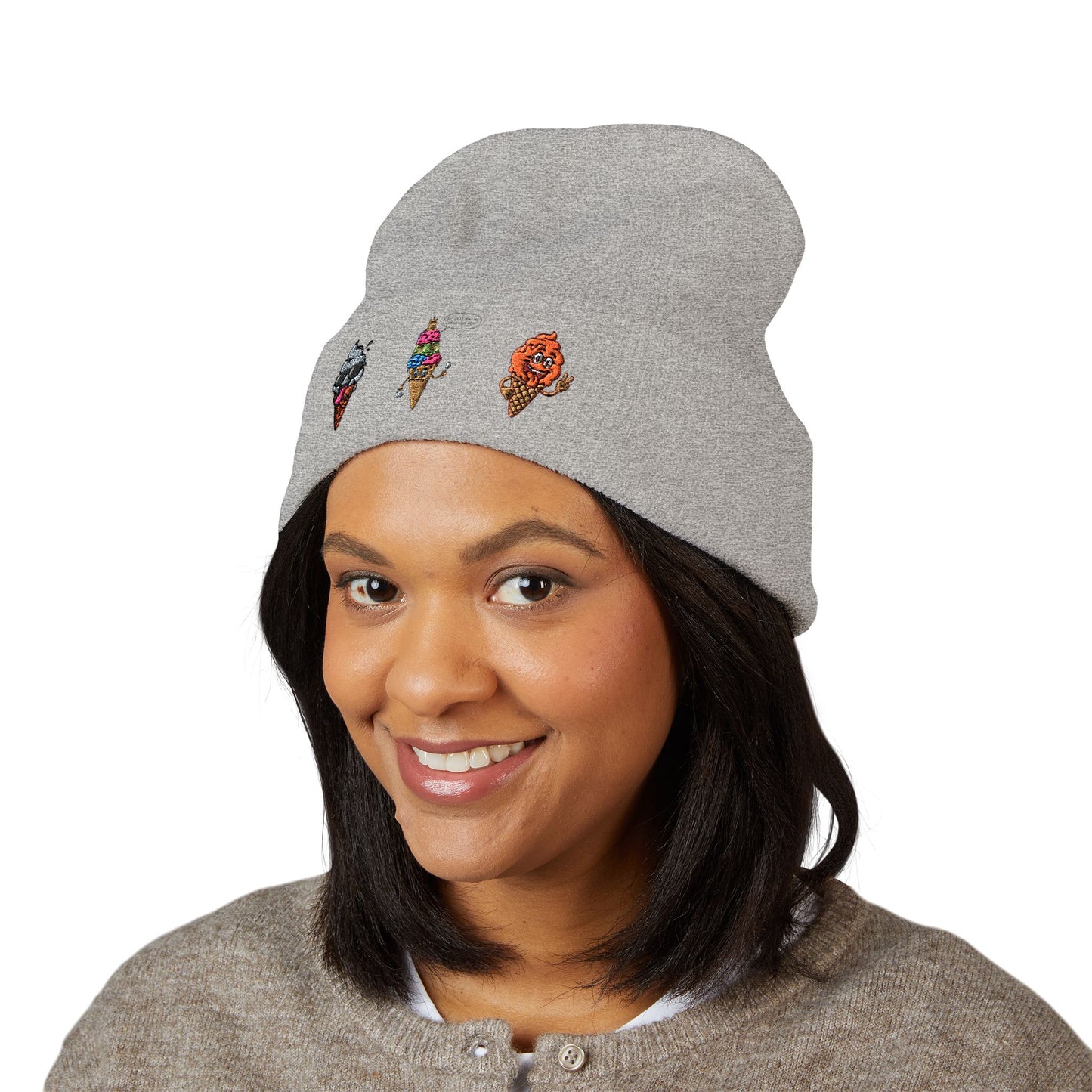 Ice Cream Cuffed Beanie with Fun Embroidery