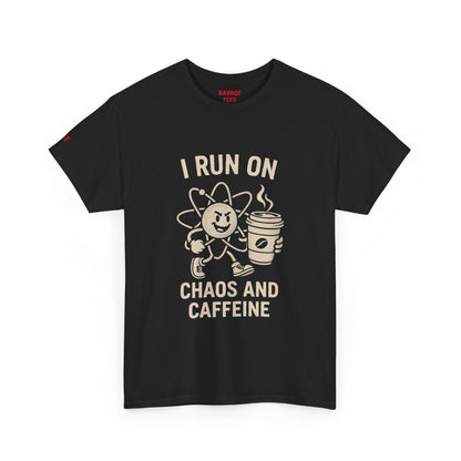 Coffee Lover's Unisex Tee - I Run on Chaos and Caffeine, Funny T-Shirt, Gift for Coffee Enthusiasts, Casual Wear, Relaxed Fit