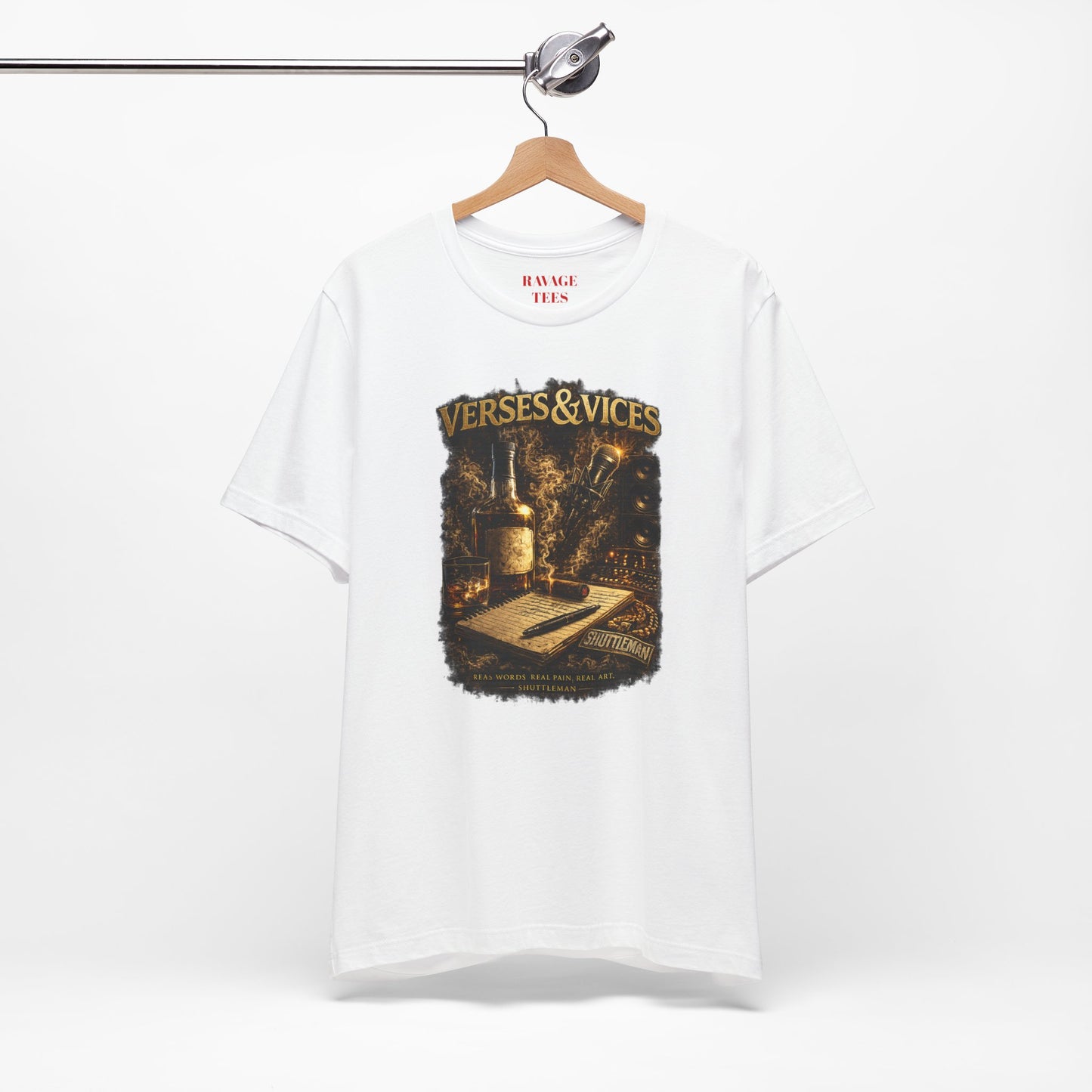 Verses & Vices Tee — Vintage Whiskey & Notebook Graphic T-Shirt