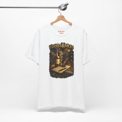 Verses & Vices Tee — Vintage Whiskey & Notebook Graphic T-Shirt