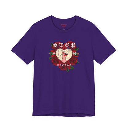 Romantic Graphic Tee, Stop Please Love Shirt, Unisex Kissing Tee, Floral Rose T-Shirt, Couple Gifts, Valentine's Apparel