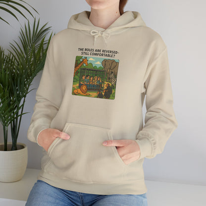 The Roles are Reversed- Are You Comfortable-Comfy Graphic Hoodie for Cozy Days, Unisex Heavy Blend Sweatshirt with Quirky Art, Perfect for Fall, Winter, Gifting, Casual Wear