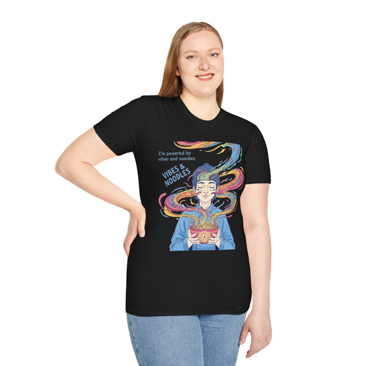 Vibes and Noodles Graphic Tee – Unisex Softstyle T-Shirt, Fun Quirky Apparel, Gift for Food Lovers, Casual Everyday Wear