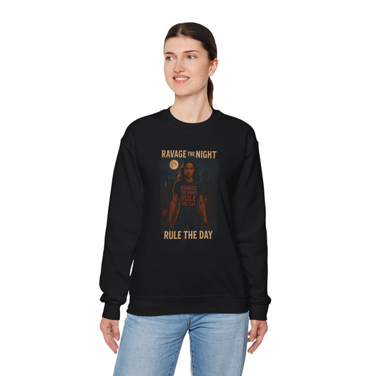 RAVAGE THE NIGHT RULE THE DAY Sweatshirt – Urban Adventure Graphic Sweatshirt, Cool Unisex Streetwear, Casual Wear, Unique Gift