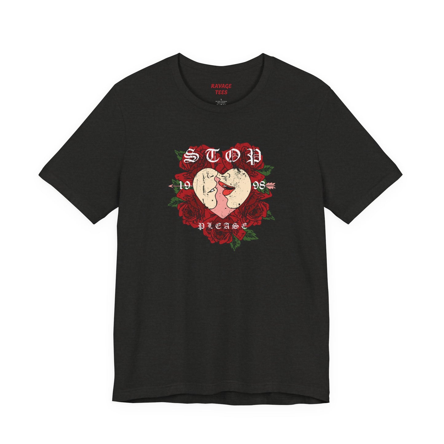 Romantic Graphic Tee, Stop Please Love Shirt, Unisex Kissing Tee, Floral Rose T-Shirt, Couple Gifts, Valentine's Apparel