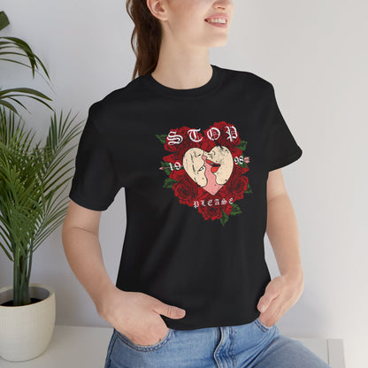 Romantic Graphic Tee, Stop Please Love Shirt, Unisex Kissing Tee, Floral Rose T-Shirt, Couple Gifts, Valentine's Apparel