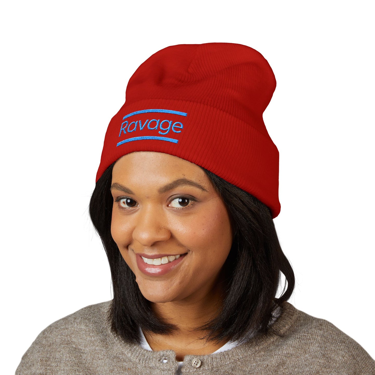Ravage Embroidered Cuffed Beanie | Light Blue Logo Knit Hat