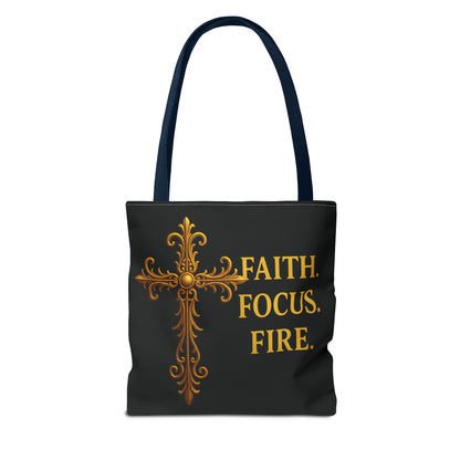 "Faith Focus Fire" Tote Bag: Golden Cross Christian Gift