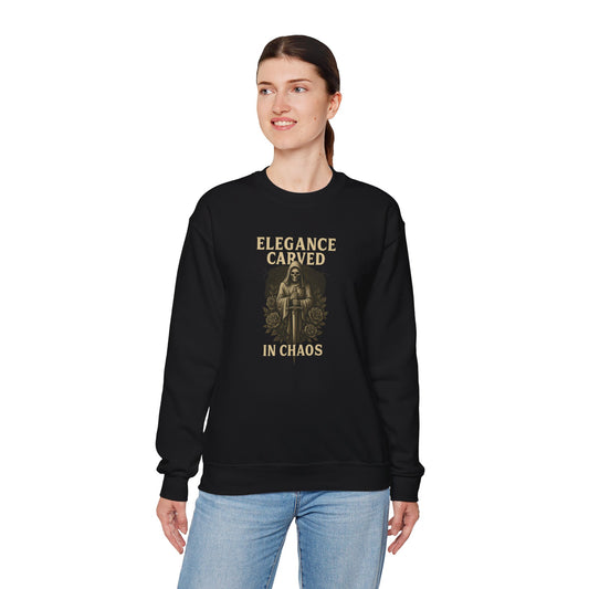 ELEGANCE CARVED IN CHAOS  Unisex Crewneck Sweatshirt – Heavy Blend Pullover for Casual Wear | Cozy Streetwear Gift for Her, Feminist Fashion Statement