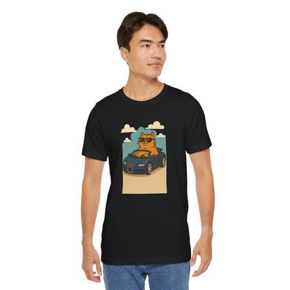 Cat Driving Sports Car Tee — Retro Graphic Cat Race Shirt