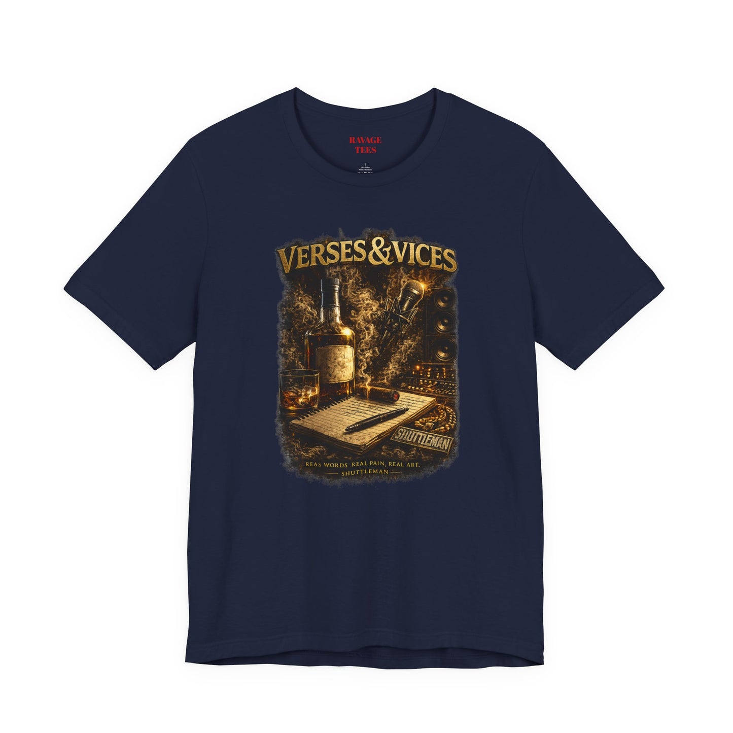Verses & Vices Tee — Vintage Whiskey & Notebook Graphic T-Shirt